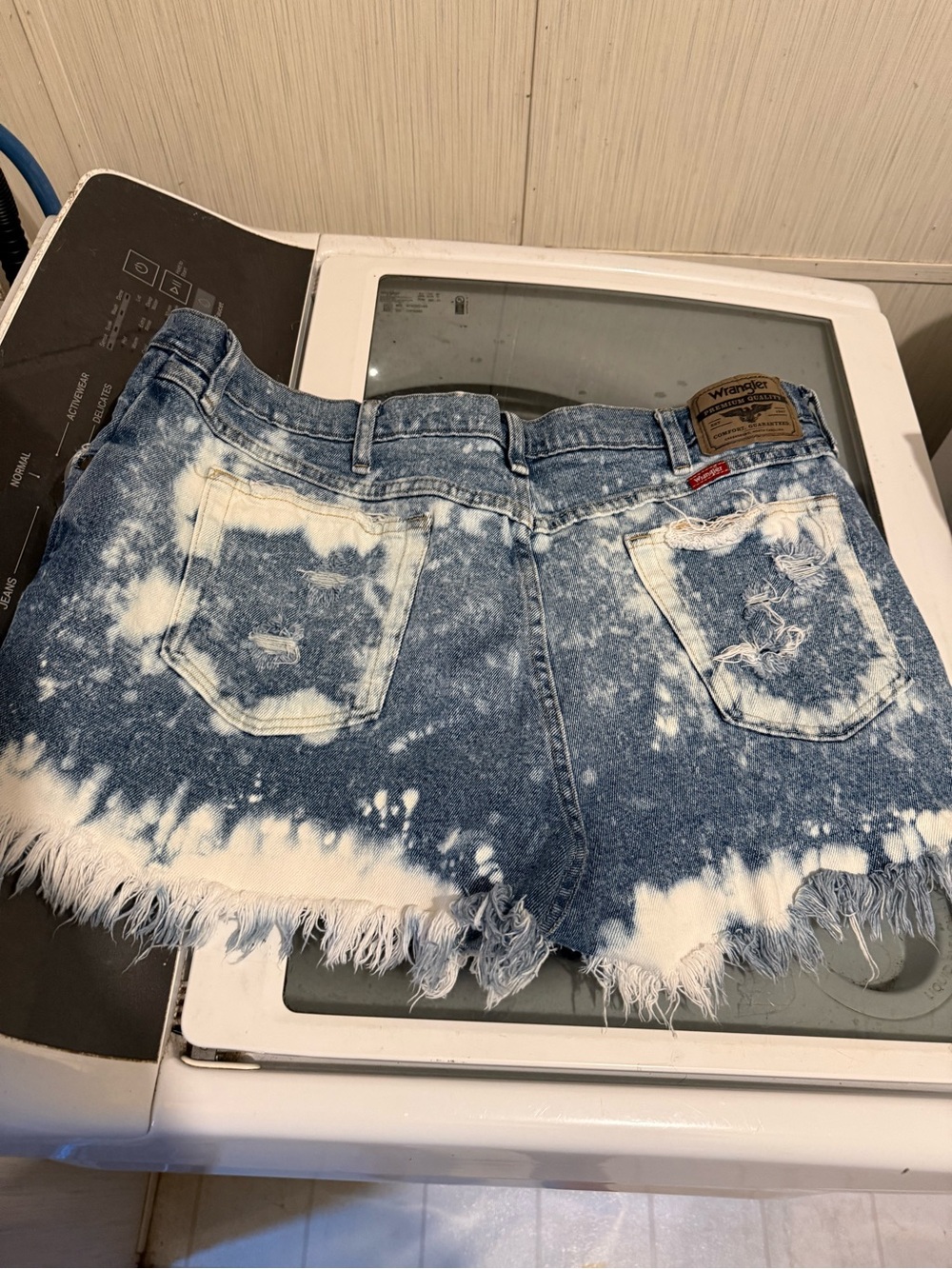 Wrangler Women's Blue and White Bleach-Effect Distressed Denim Shorts